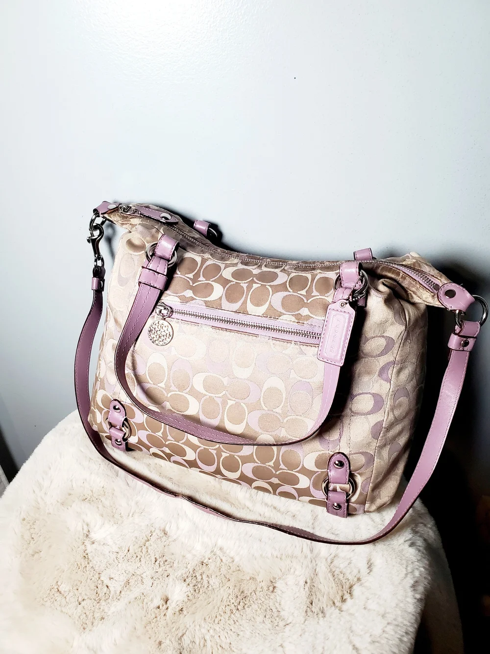 Coach Signature Jacquard Hobo Large Shoulder Bag Pink/Lilac Leather Trim Preppy
